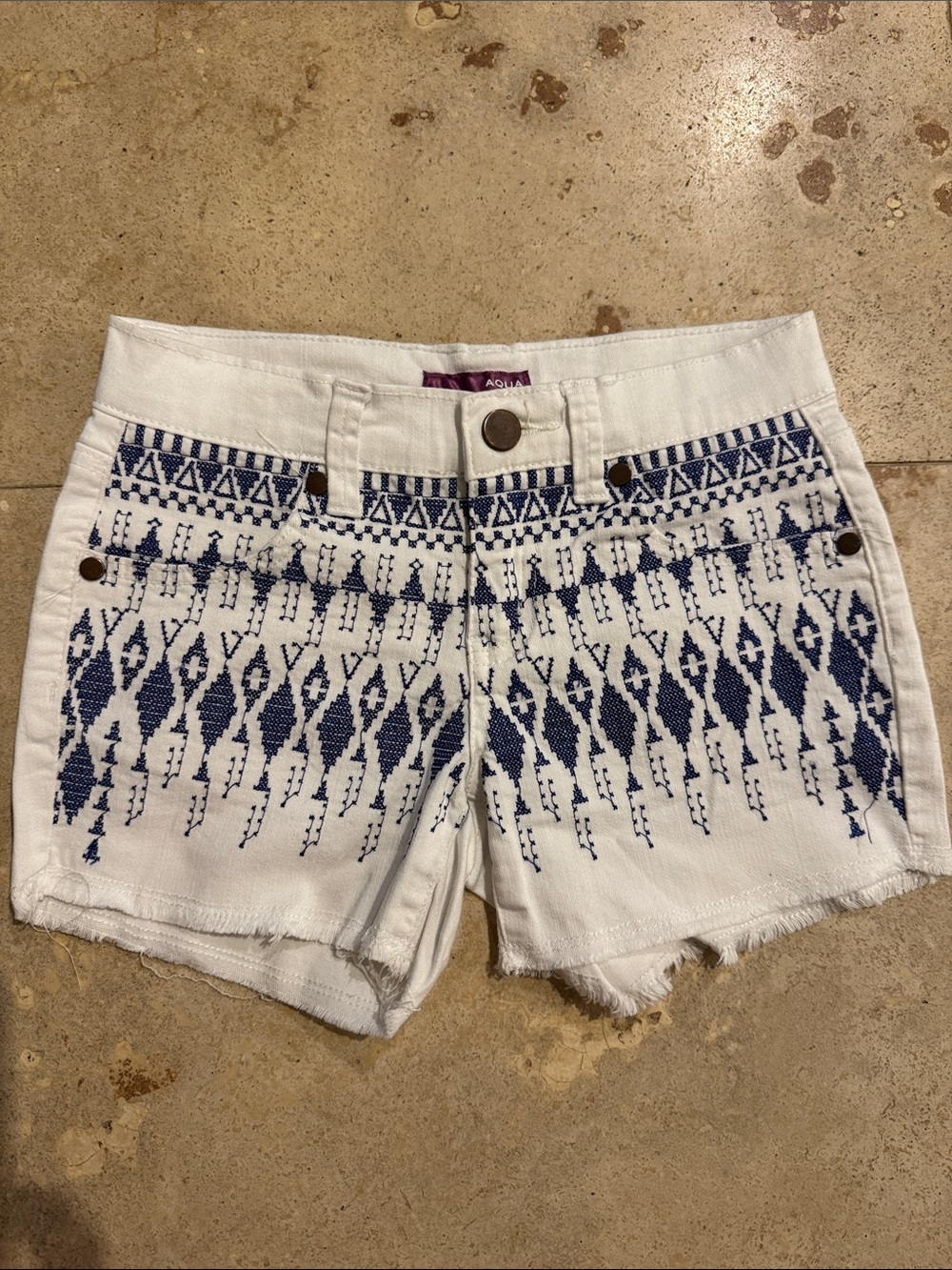 Aqua White Denim Shorts with Navy Embroidered Geo Pattern
